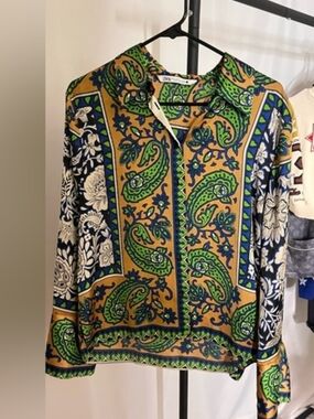 Zara Green, Navy & Mustard Paisley Button-Up Blouse. Size M